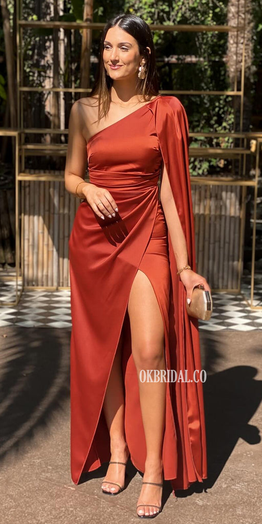 Soft Satin One-Shoulder Mermaid Sexy Slit Long Bridesmaid Dress, FC7053