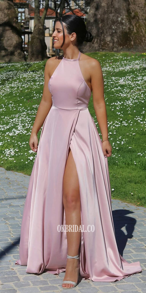 Halter A-line Soft Satin Backless Floor-Length Bridesmaid Dress, FC7060