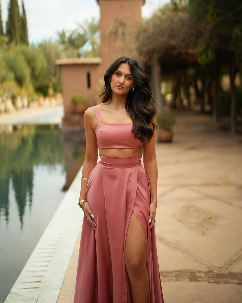 Two Pieces A-line Charming Slit Long Soft Satin Bridesmaid Dress, FC7052