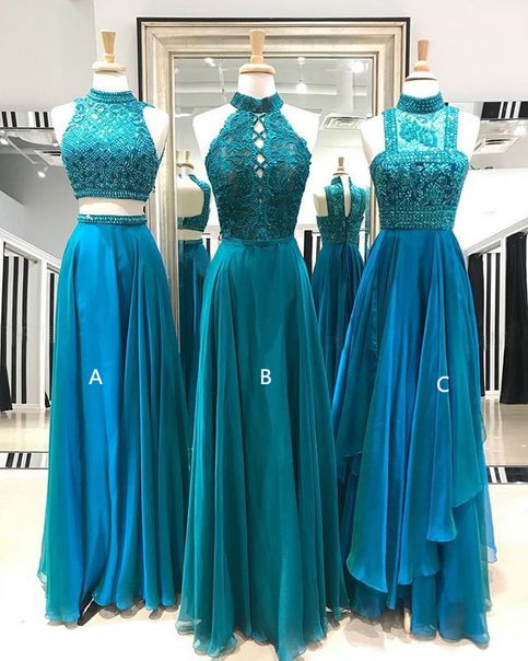 Teal prom dresses,High neck prom dresses, Beaded prom dresses PD220199