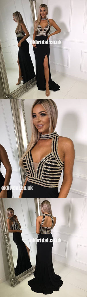 Beautiful Black Side Split Chiffon Prom Dress, Open Back Charming Beaded Prom Dresses, KX1224