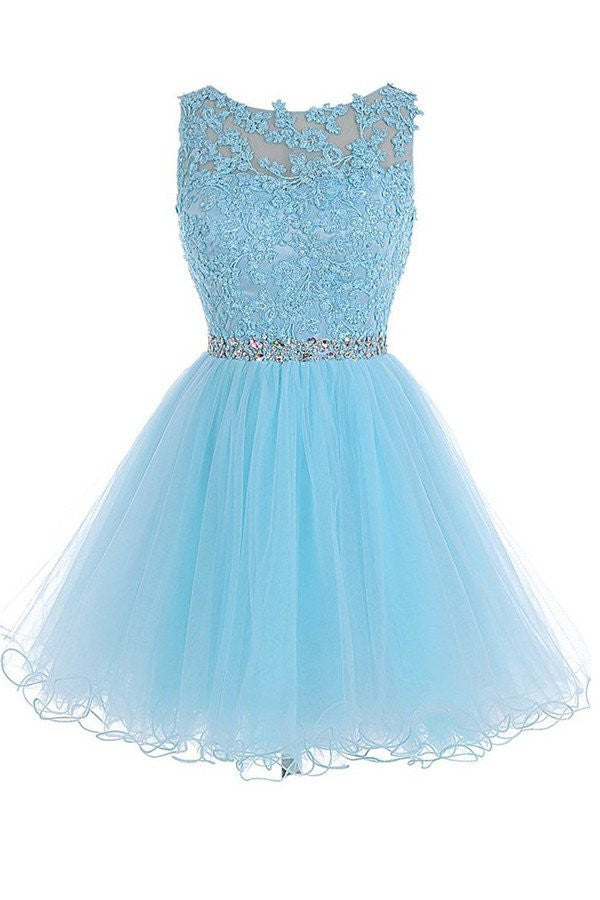 Sexy Open back Light Blue lace Tulle homecoming prom dresses, CM0020