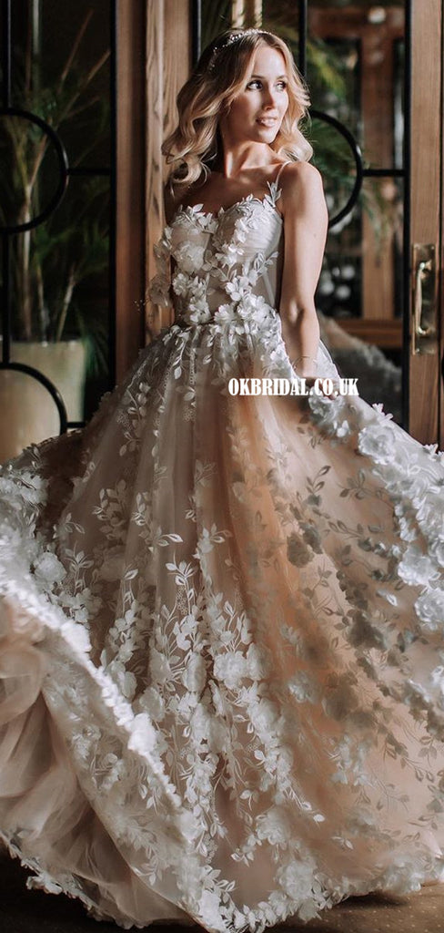 Spaghetti Straps A-line Gorgeous Lace Long Wedding Dresses, FC5168