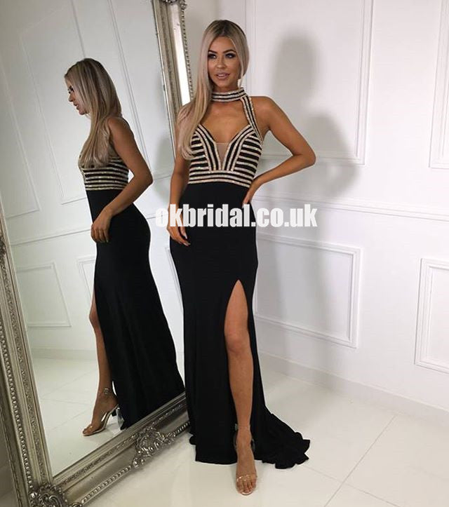 Beautiful Black Side Split Chiffon Prom Dress, Open Back Charming Beaded Prom Dresses, KX1224