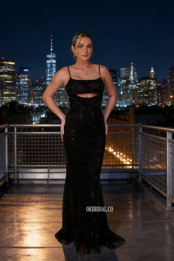 Spaghetti Straps Black Mermaid Sequin Backless Prom Dresses, OB108