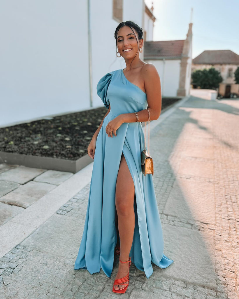 A-line One-shoulder Slit Soft Satin Bridesmaid Dress, FC7051
