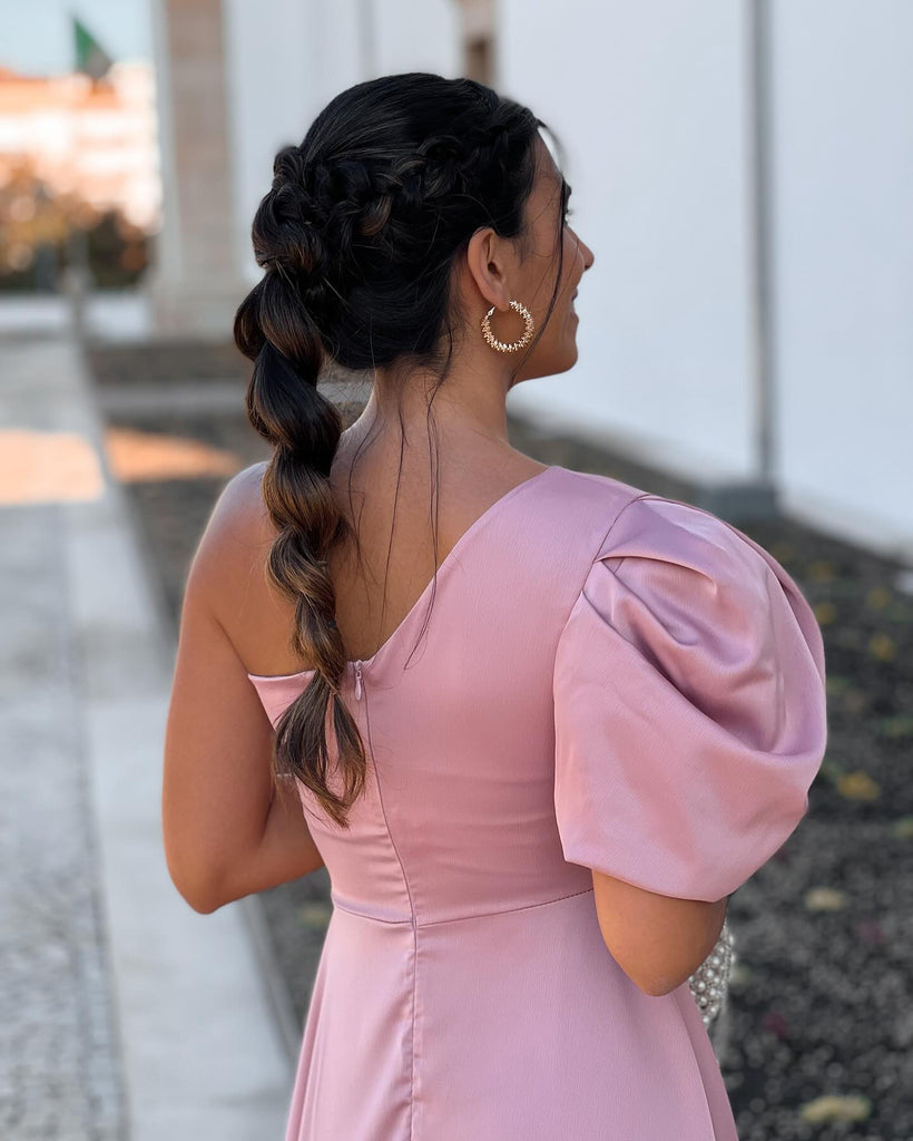 A-line One-shoulder Slit Soft Satin Bridesmaid Dress, FC7051