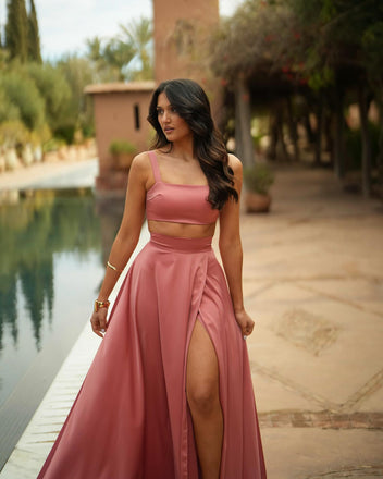 Two Pieces A-line Charming Slit Long Soft Satin Bridesmaid Dress, FC7052