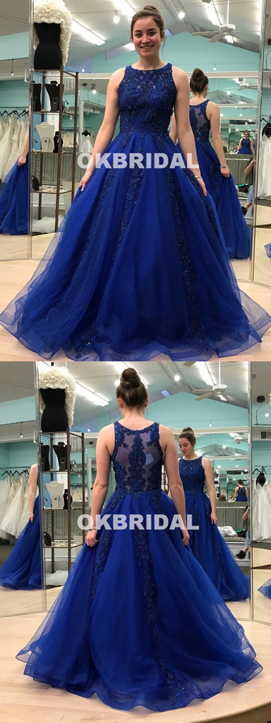 Charming Royal Biue A-Line Prom Dress, Luxury Beaded Sparkly Sleeveless Organza Prom Dress, KX1071