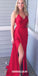 Red Backless Sexy V-Neck Sheath Prom Dress, Spaghetti Straps Elastic Satin Prom Dress, KX1076