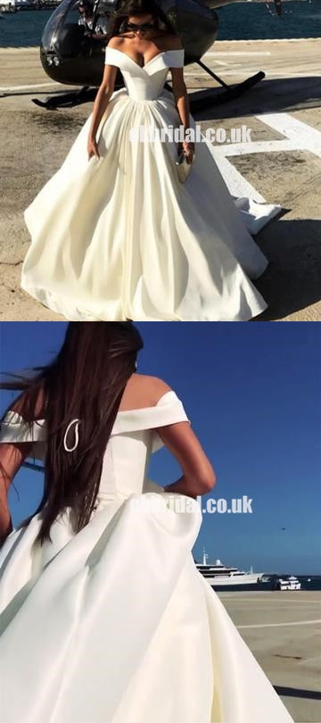 Charming Off Shoulder Satin A-Line Wedding Dresses, Backless Cheap Wedding Dresses, KX1137