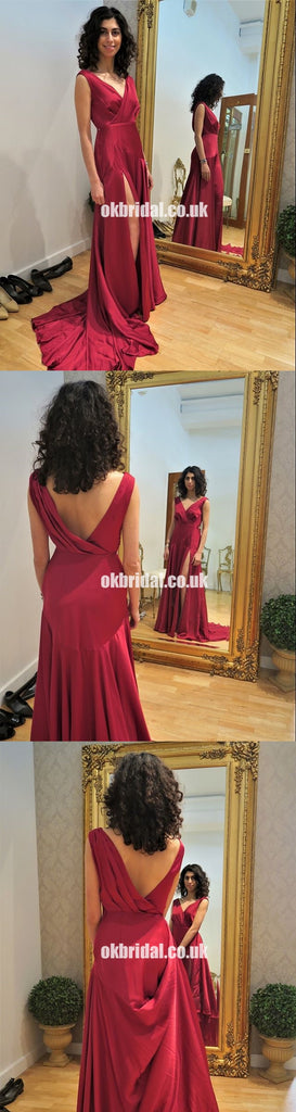 Sexy V-Neck Backless Slit Prom Dresses, Inexpensive Sleeveless A-Line Prom Dresses, KX1293