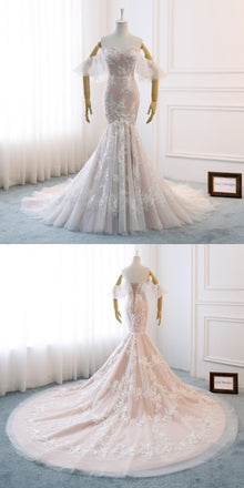 Gorgeous Off Shoulder Mermaid Backless Sweet Heart Lace Beautiful Tulle Long Wedding Dresses, FC1302