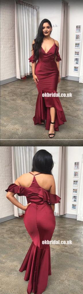 Sexy V-Neck Mermaid Bridesmaid Dress, Spaghetti Straps High-Low Bridesmaid Dress, KX1352