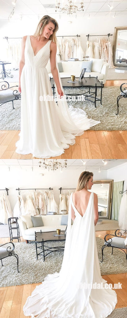 V-Neck Chiffon Sleeveless Wedding Dresses, Charming A-Line Backless Wedding Dress, KX1402