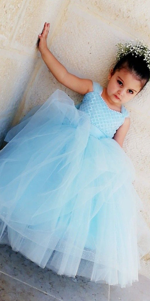 Blue Tulle A-Line Sleeveless Flower Girl Dresses, Popular Lace Little Girl Dresses, FC1450