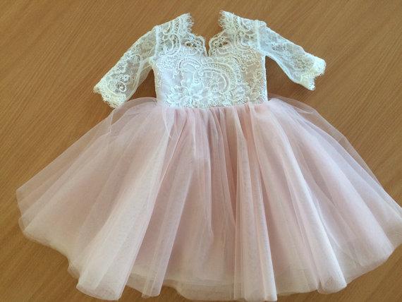 Lace Top Half Sleeves Pink Tulle Flower Girl Dresses, V-back Popular Little Girl Dresses,  FG027