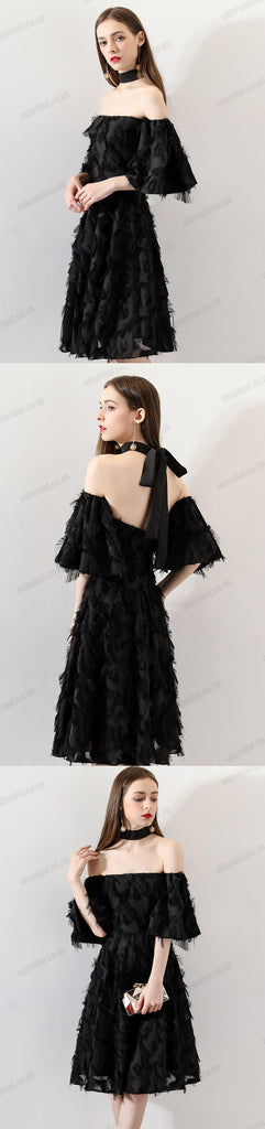 Black Off Shoulder Homecoming Dresses, Lace Backless Short Sleeve Homecoming Dresses, KX1505