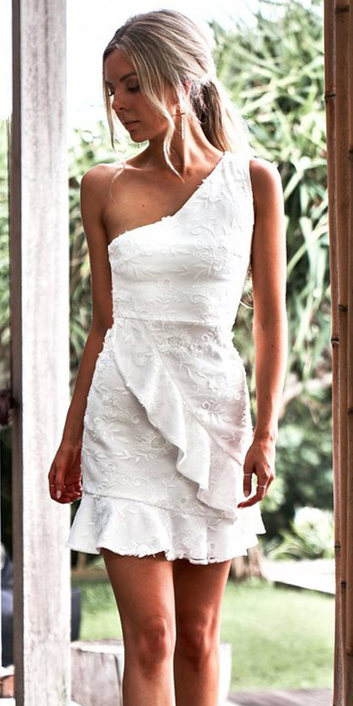 One Shoulder White Homecoming Dresses, Lace Sleeveless Homecoming Dresses, KX1518