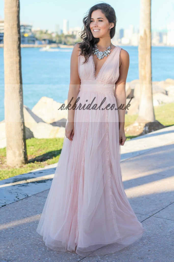 V-Neck Tulle Sleeveless Bridesmaid Dress, Unique V-Back Beaded Bridesmaid Dress, Floor-Length Bridesmaid Dress, KX153