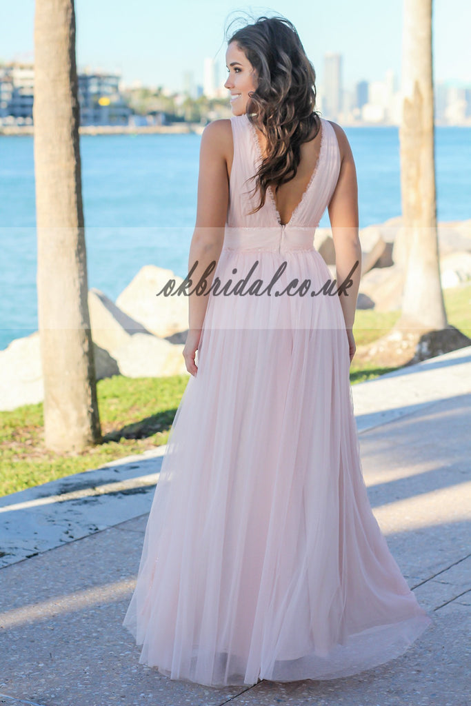 V-Neck Tulle Sleeveless Bridesmaid Dress, Unique V-Back Beaded Bridesmaid Dress, Floor-Length Bridesmaid Dress, KX153