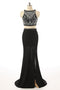 Sexy Two Pieces Beaded Evening Prom Dresses, Black Long Slit Party Prom Dress, Custom Long Prom Dresses, Cheap Formal Prom Dresses, 17058