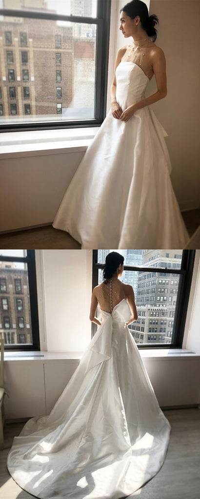 Special Tulle A-Line Sleeveless Satin Floor-Length Charming Beaded Wedding Dresses, FC1585