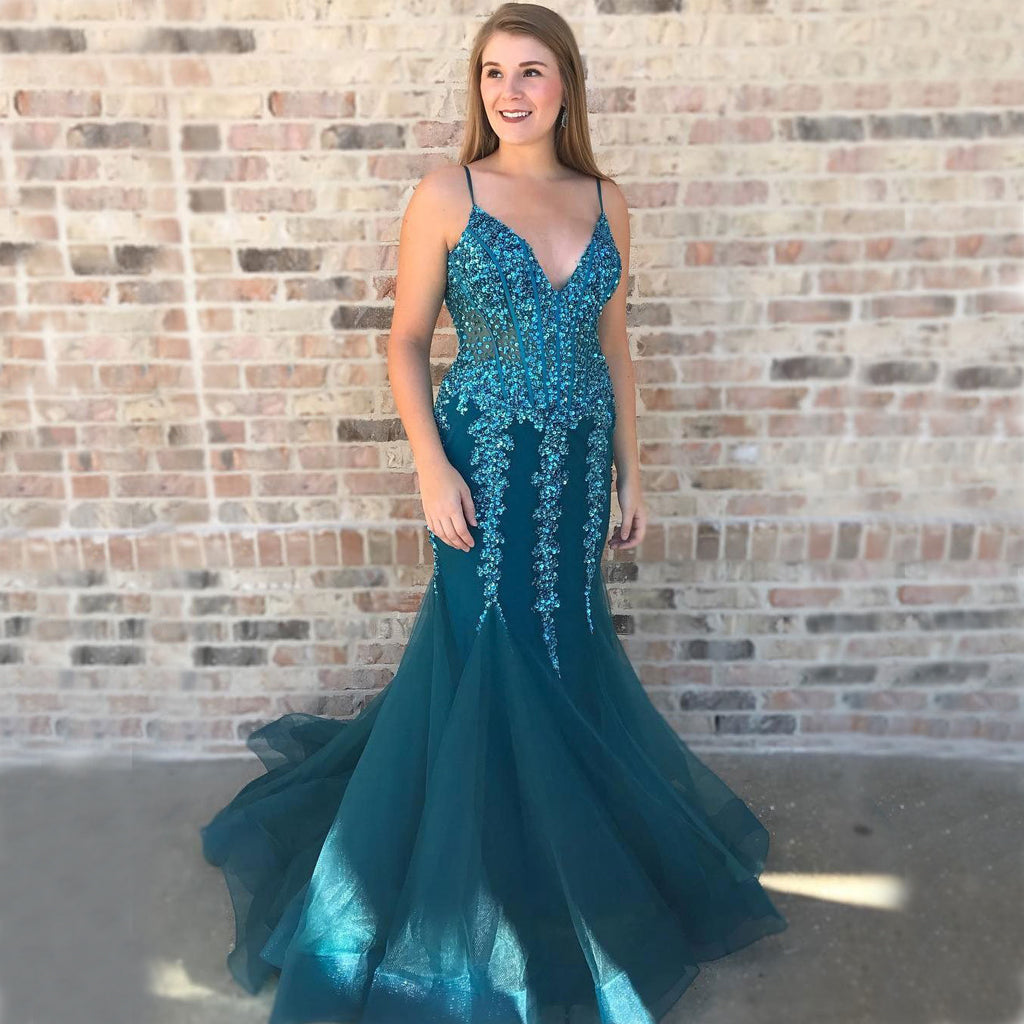 Spaghetti Straps V-Neck Prom Dress, Beaded Sequin Prom Dress, Mermaid Tulle Prom Dress, KX174