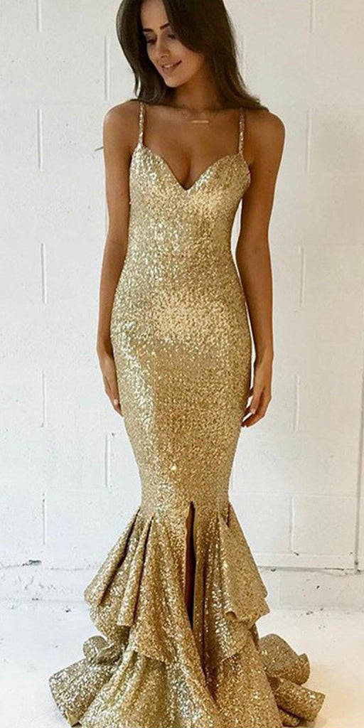 Gold Sequin Mermaid Sexy Slit Prom Dress, FC1750