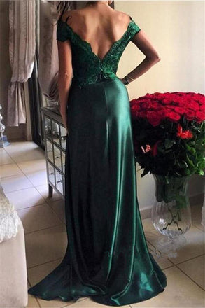 Off Shoulder Green Lace Evening Prom Dresses, 2017 Long Slit Prom Dress, Custom Long Prom Dresses, Cheap Formal Prom Dresses, 17064