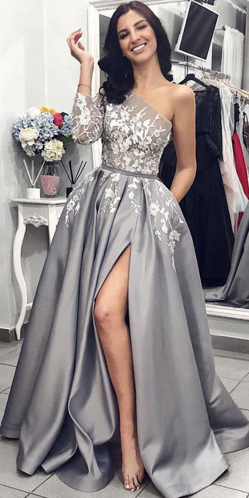 One-Shoulder Satin Long Sleeve A-Line Slit Applique Prom Dresses, FC1832