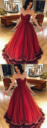 Long A-Line Backless Red Prom Ball Gown, Sweet Heart Tulle Gorgeous Prom Dresses, KX188