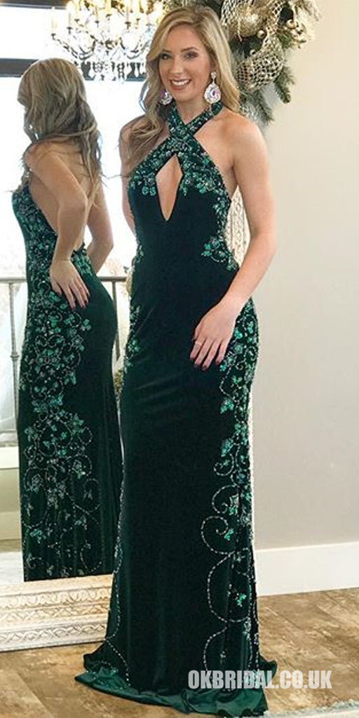 Charming Halter Velvet Mermaid Backless Beaded Sleeveless Prom Dresses, FC1898