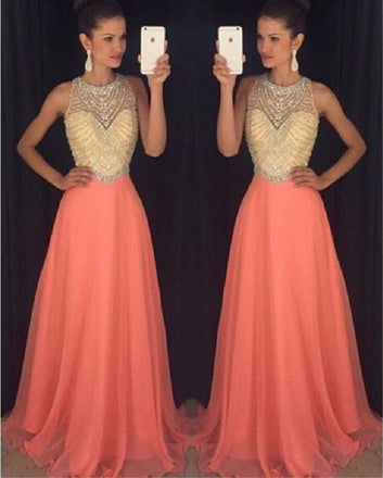 2017 Peach Halter Evening Prom Dresses, Long Beaded Party Prom Dress, Custom Long Prom Dresses, Cheap Formal Prom Dresses, 17068
