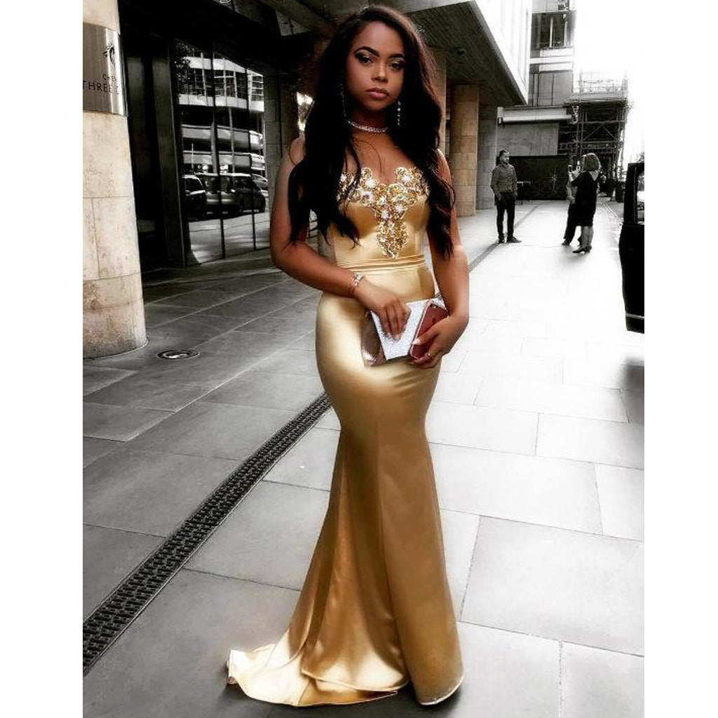 Gold Charming Mermaid Backles Prom Dresses, Sweet Heart Beaded Soft Satin Prom Dresses, KX192