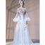 Elegant White Tulle A-Line Prom Dresses, Long Sleeve Applique Round Neckline Prom Dresses, KX198