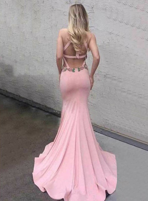 Pink Mermaid Sxey Backless Prom Dress, Applique Jersey Floor-Length Prom Dress, KX208