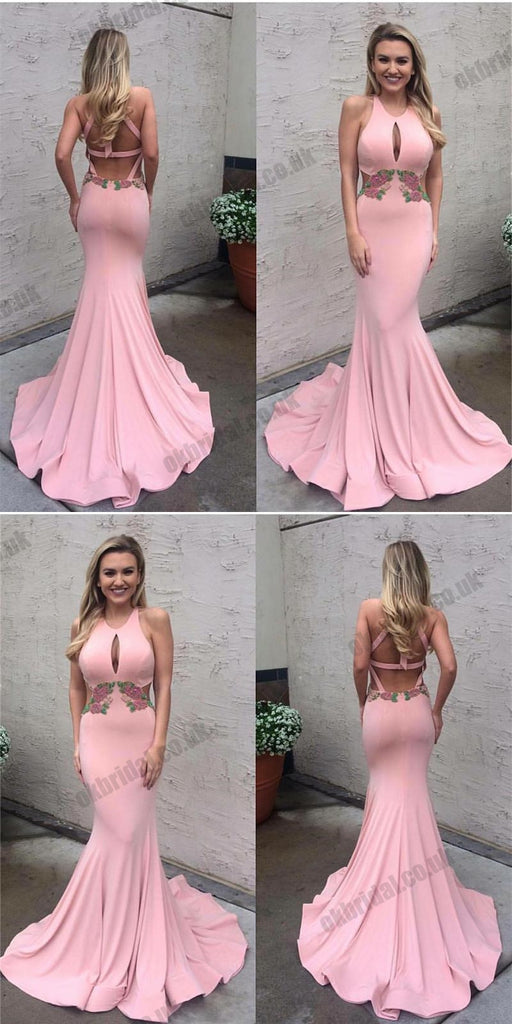 Pink Mermaid Sxey Backless Prom Dress, Applique Jersey Floor-Length Prom Dress, KX208