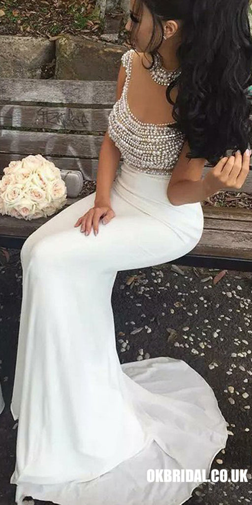 White Two Pieces Beaded Top Mermaid Tulle Cap Sleeve Jersey Prom Dresses, FC2143