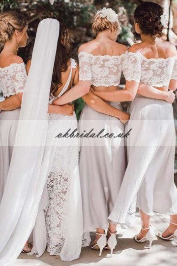 Two Pieces Chiffon Bridesmaid Dress, Off Shoulder Lace Backless Bridesmaid Dress, KX221