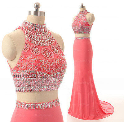 Sexy Watermelon Two Pieces Hight Neck Jersey Junior Affordable Evening Party Long Prom Dresses, WG232