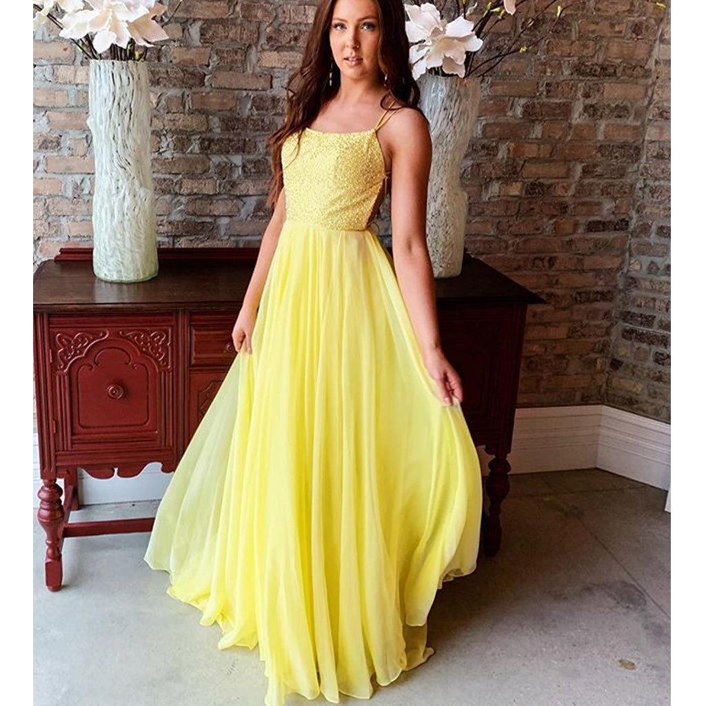 Yellow Spaghetti Straps A-line Backless Chiffon Sequin Prom Dresses, FC2402