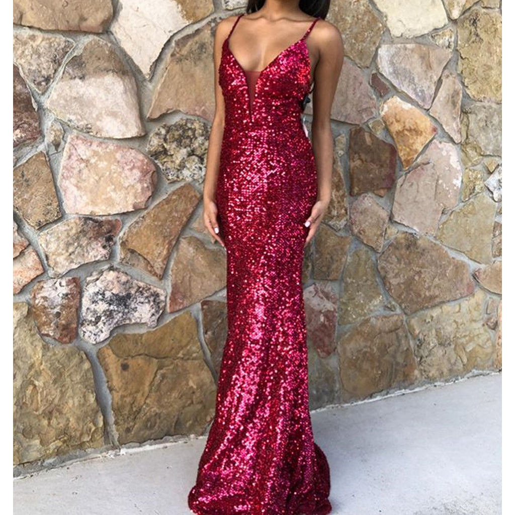 Sparkly Sequin Mermaid Spaghrtti Straps Backless Affordable Prom Dresses, FC2438