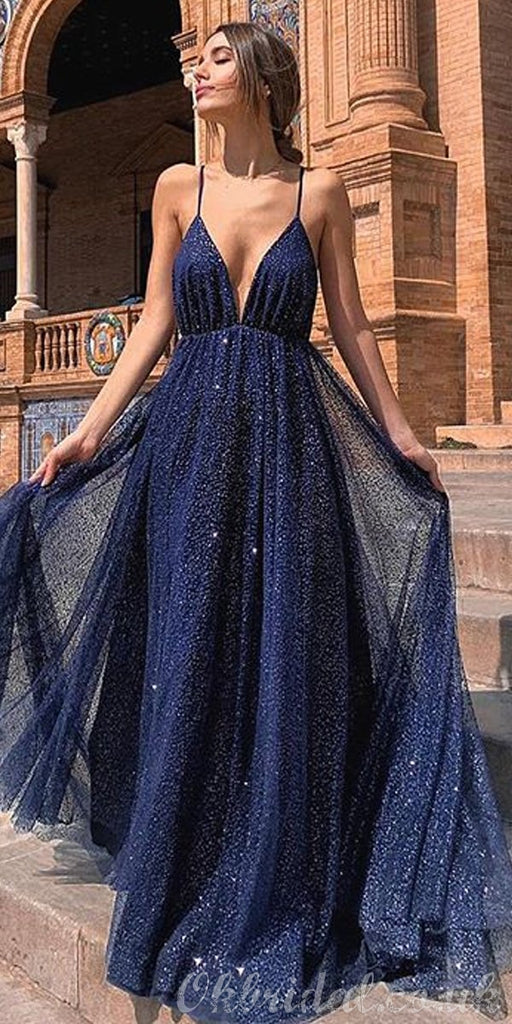 Navy A-line Sparkly Deep V-neck Backless Tulle Charming Prom Dress, FC2550