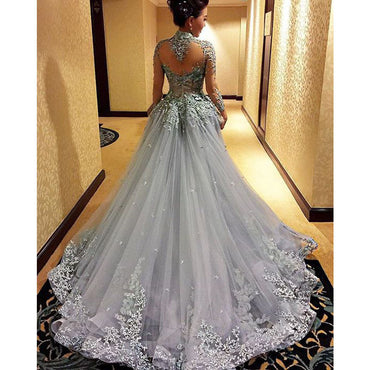 Charming High Neck Long Sleeve See Through Back Grey Affordable Long Prom Dress Gown, WG266