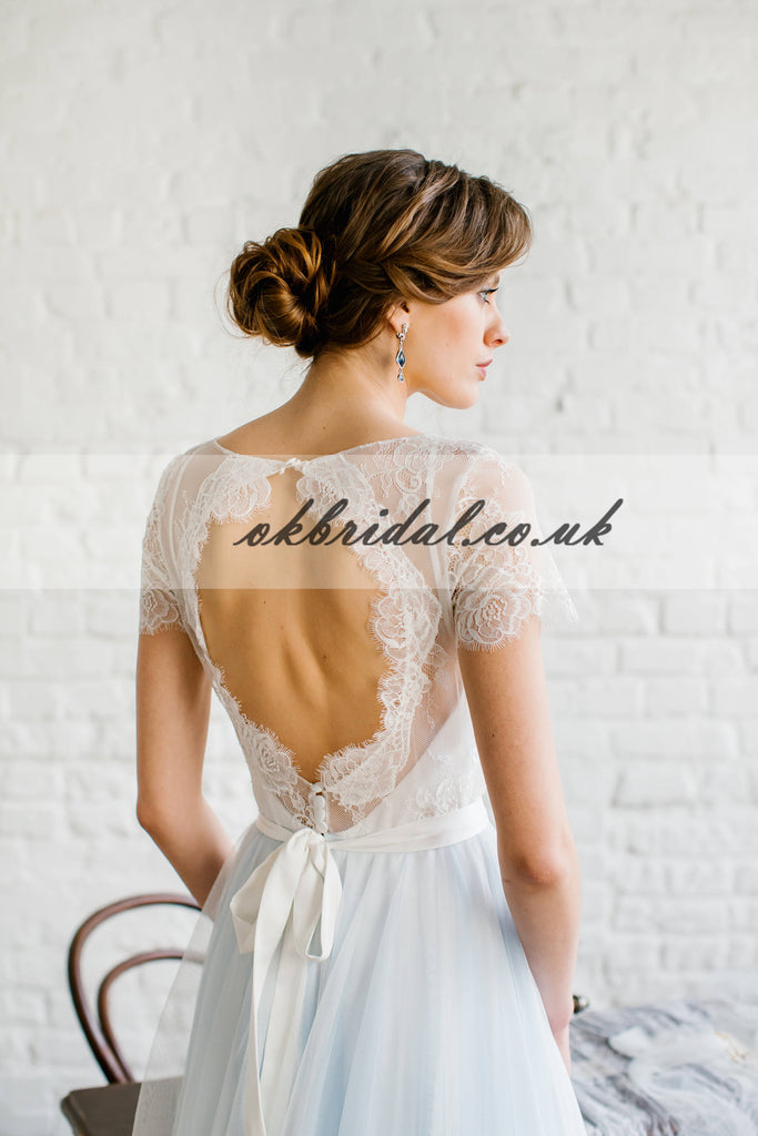 Charming Lace Short Sleeve Wedding Dress, Tulle Open-Back Wedding Dress, KX280