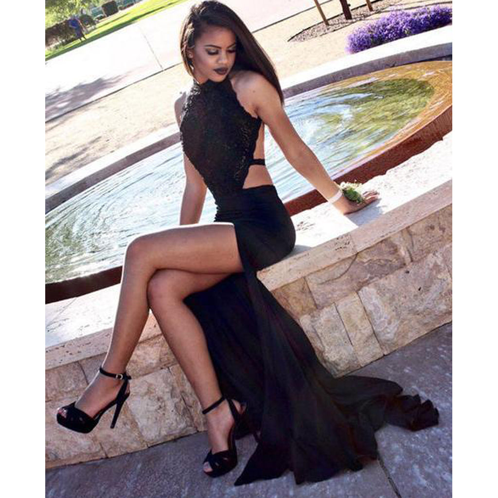 Black Mermaid Sexy Backless Slit Jersey Cheap Beaded Long Prom Dress, KX293