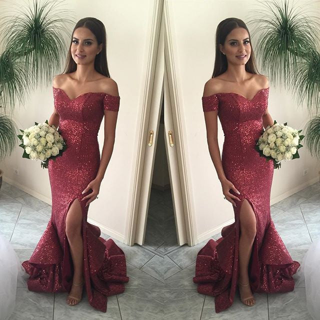 Shinning Off Shoulder Sequin Mermaid Side Slit Cheap Long Prom Dresses, WG297