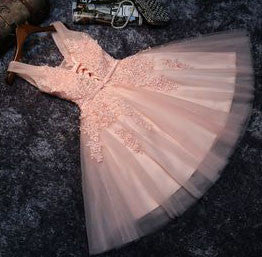 New Arrival Princess Lace Appliqued Tulle Homecoming Dress,Blush Pink Short Bridesmaid Dresses,Short Prom Dresses,220035