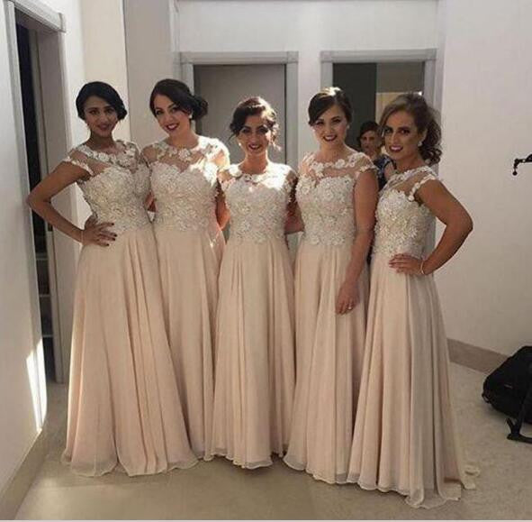 Lace Top Blush Pink Modest Long Wedding Bridesmaid Dresses, WG352